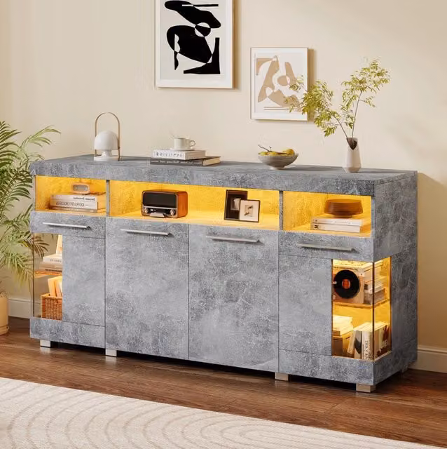 Credenza da soggiorno 140x40x70 cm in MDF grigio cemento con LED e ante in vetro temperato