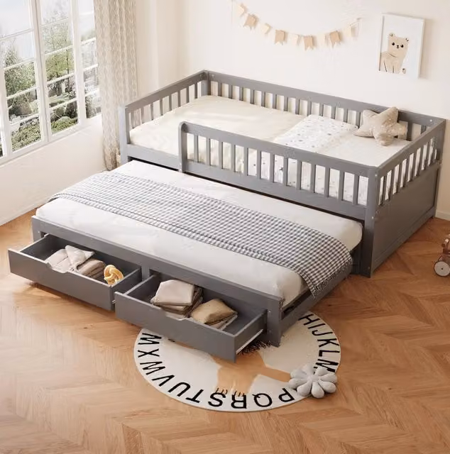 Letto 90x200 cm grigio – con letto estraibile e 2 cassetti, senza materasso