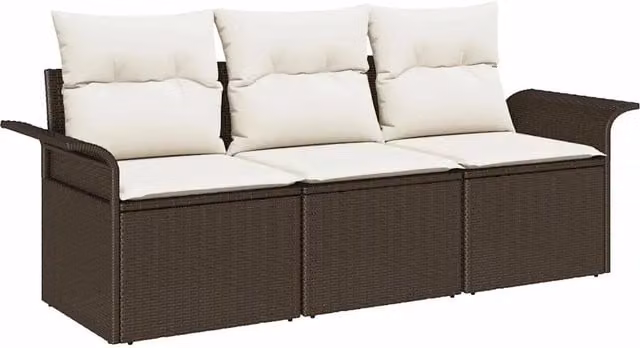 Set Divano da Giardino con cuscino 3 pz | Set Salotto da Giardino Marrone Poly Rattan