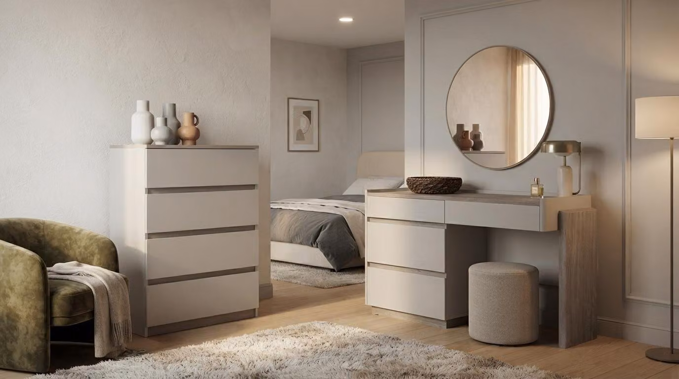Comodino con specchio, poggiapiedi, colore beige, design moderno ed elegante, tavolino da trucco