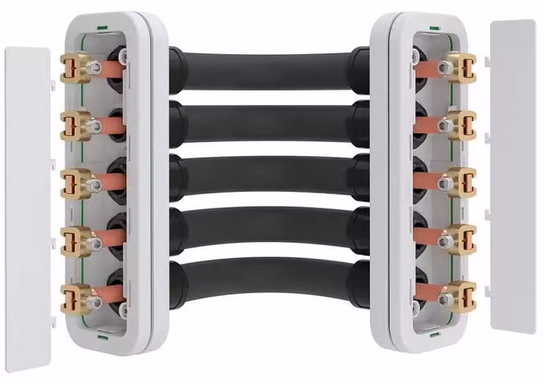 Set di connettori per sbarre collettrici ABN, alloggiamento a R ad angolo, 250 A, 5 poli ABNRY69151
