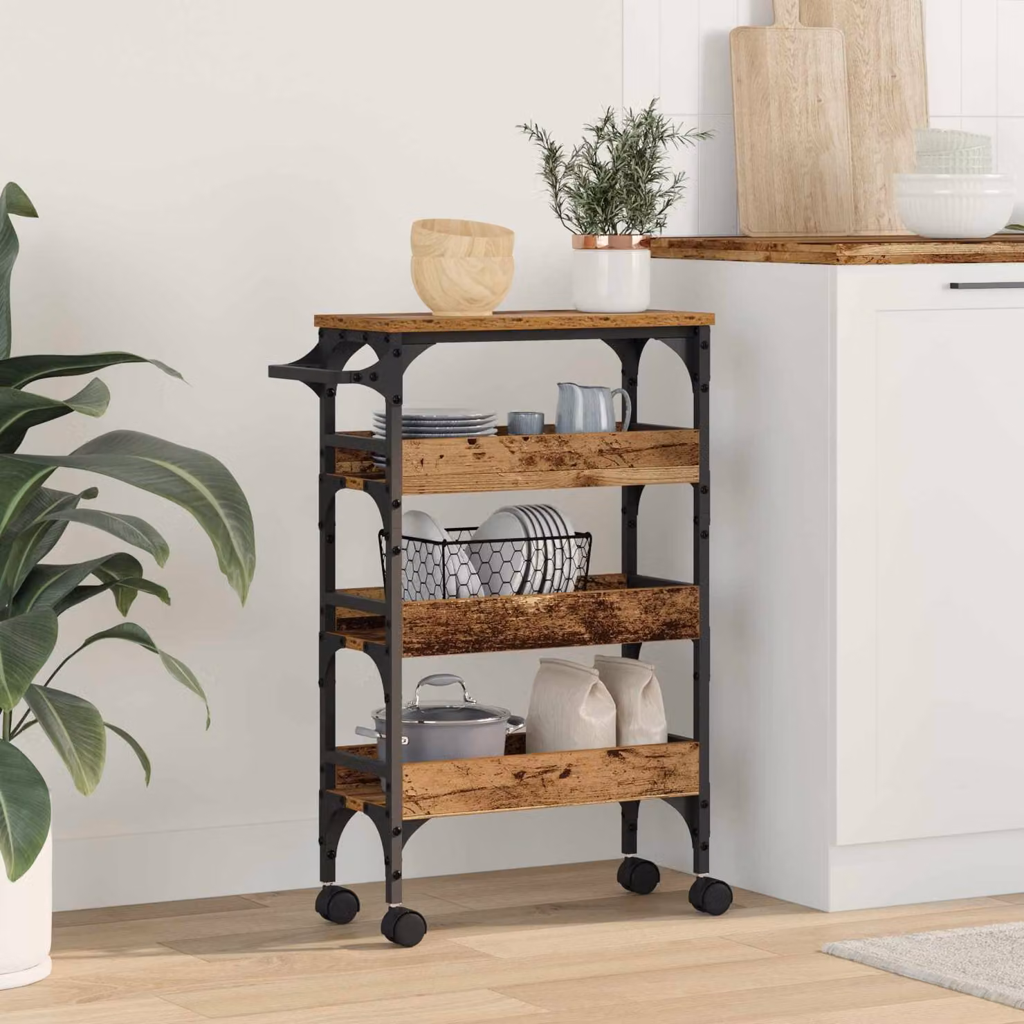 vidaXL Carrello da Cucina in Stile Industriale con Ruote, Legno Vecchio e Metallo, Marrone, L/P/H: 53 x 20 x 76 cm