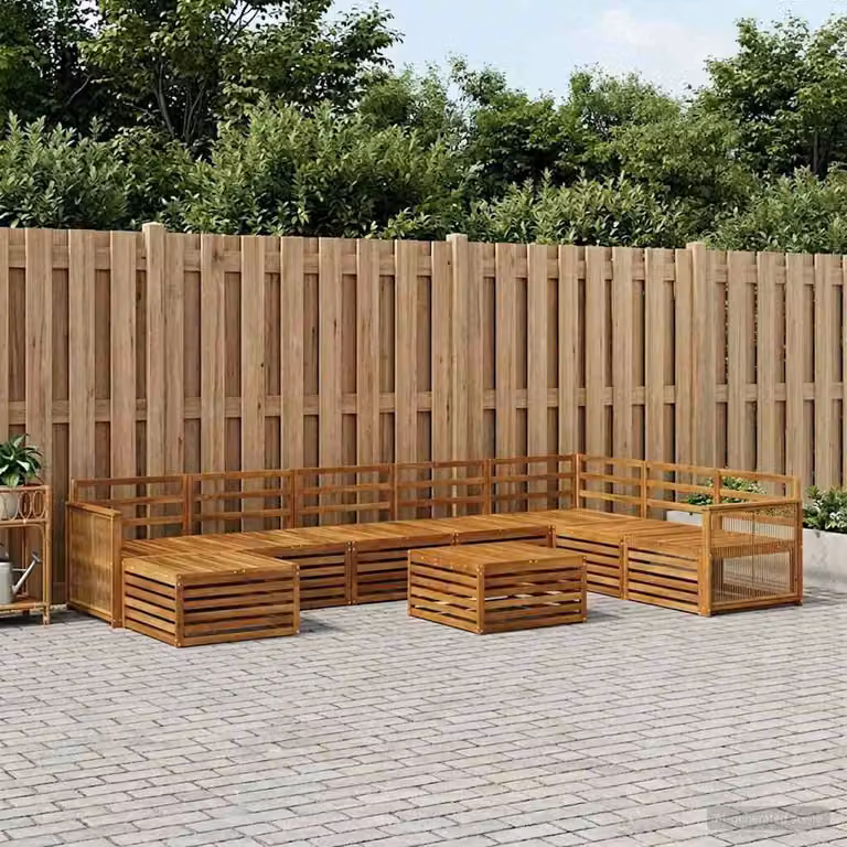 vidaXL Set di divani da esterno a L in legno di acacia massello marrone con 9 pezzi, inclusi cuscini e tavolino da caffè