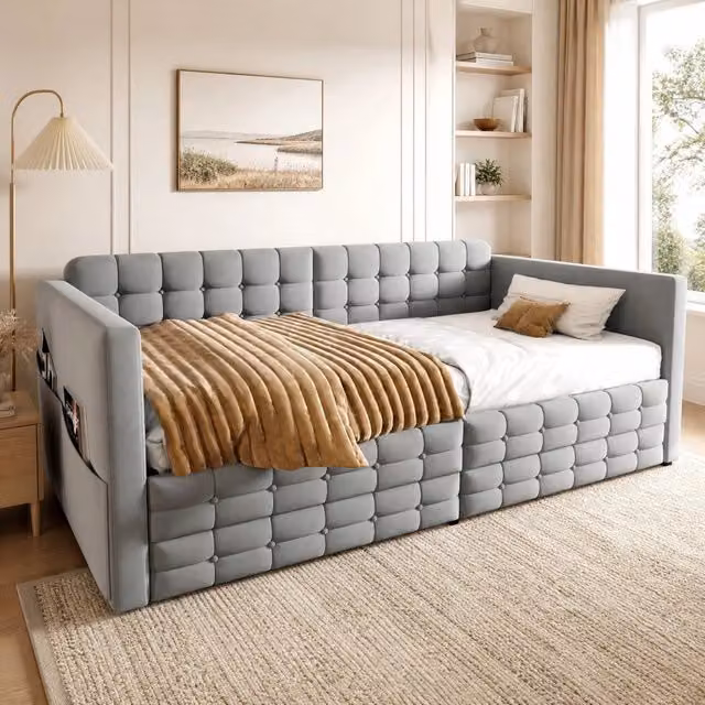 Letto singolo imbottito ULEVR 90x190 cm con 2 cassetti e tasche laterali, velluto grigio chiaro