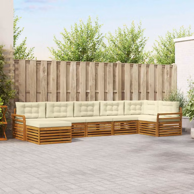 Set di divani da esterno vidaXL 7 pz in legno di acacia con cuscini beige e bianco