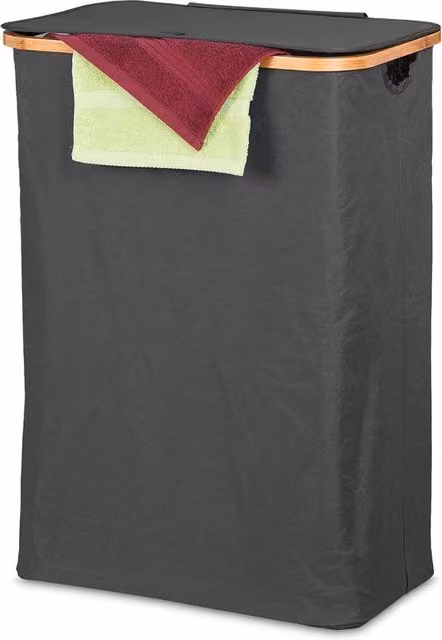 Cesto per biancheria da bagno Outsunny in bambù e plastica con coperchio e maniglie, nero, 105 L