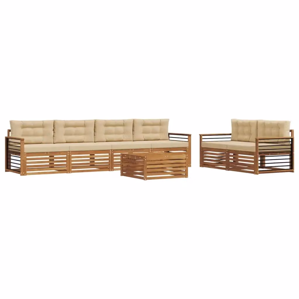 Set di divani da esterno vidaXL a forma di U in legno di acacia con tavolino e cuscini beige, 7 pezzi – 2
