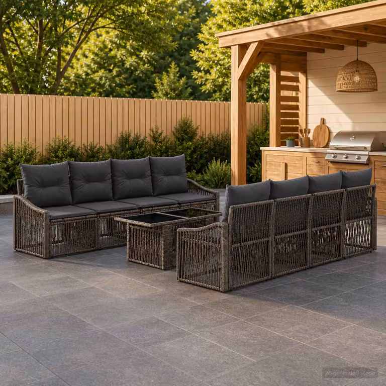 Set Divano da Giardino vidaXL 9 pz in Polyrattan Grigio e Antracite con Cuscini e Tavolino da Esterno