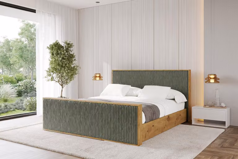 Letto imbottito ALTDECOR con contenitore -ENZO10-Z 200x200 verde oliva, rete a doghe, letto a cassettone con testiera e vano contenitore, letto matrimoniale con materasso H3/H4