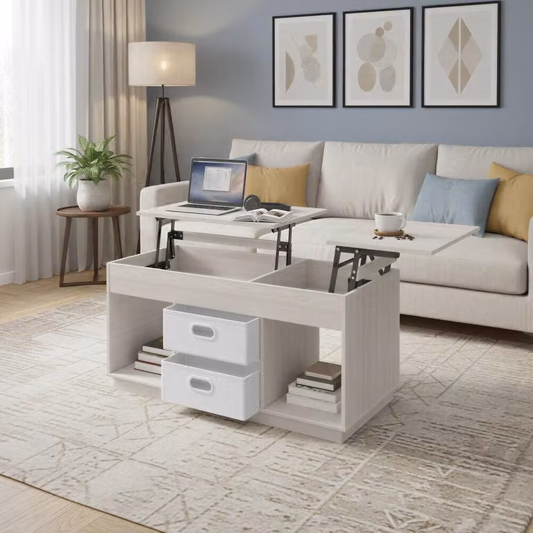 Tavolino da divano regolabile in altezza con 2 cassetti | Beige | 100x50x48,5/62 cm