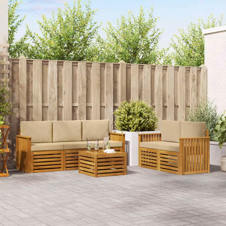 Set di divani da esterno vidaXL 6 pezzi in legno di acacia con tavolino e cuscini, colore beige e marrone