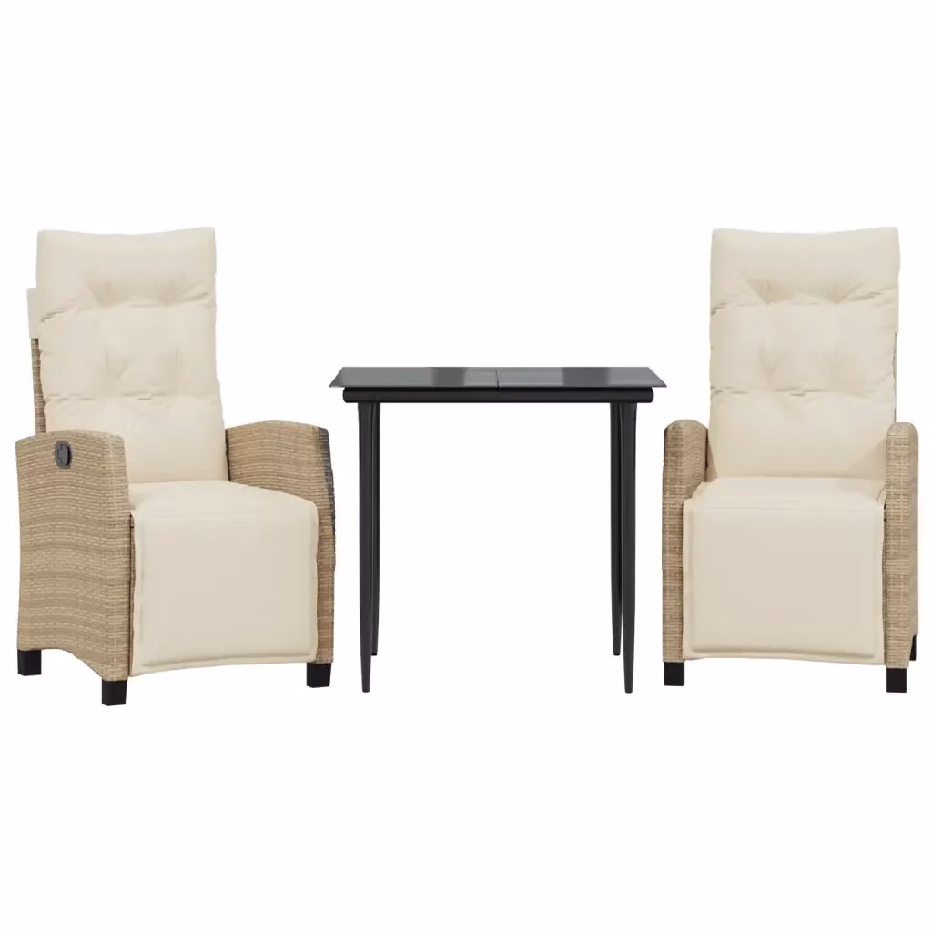 Set da Pranzo da Giardino 3 pz vidaXL in Polyrattan con Cuscini Beige e Tavolo in Vetro – 2