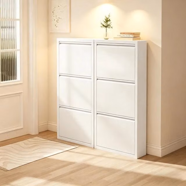 Set di 2 scarpiere 50x15x106 cm con 3 ante a ribalta in metallo bianco