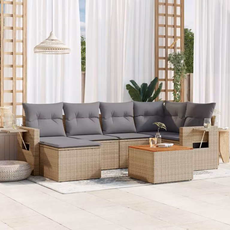 Set Divano da Giardino vidaXL 7 pz in Polyrattan con Cuscini Beige e Grigio con Tavolino e Ottoman a Forma di L