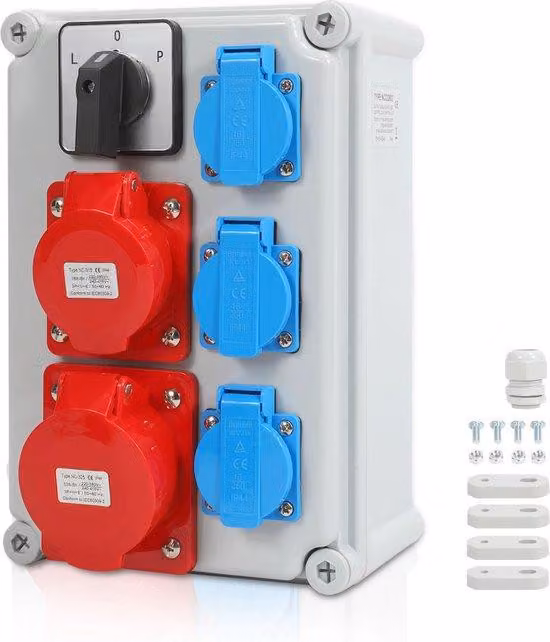 Pannelli elettrici da parete, dotati di interruttore L-0-P e interruttore magnetotermico, con quadro elettrico a 5 poli per cantieri, completo di 3 prese Schuko e una presa CEE da 16/32A.