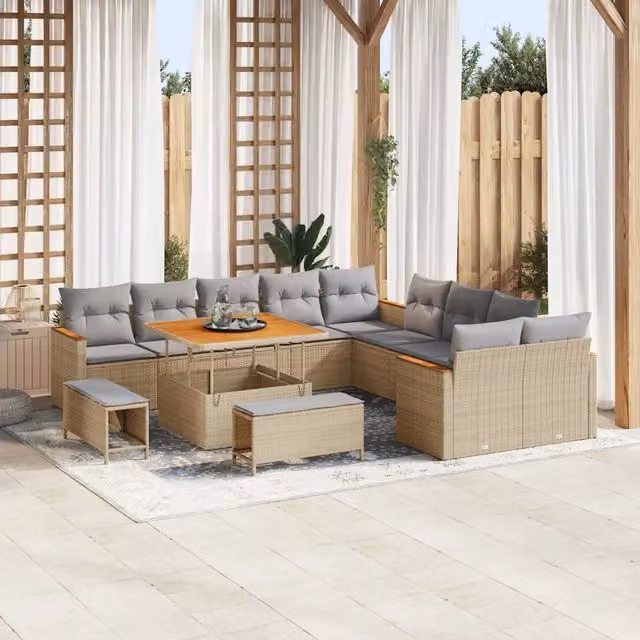 Set Divano da Giardino vidaXL a Forma a U con 13 Pezzi, Colore Beige, Struttura in Acciaio Verniciato a Polvere e Cuscini Inclusi