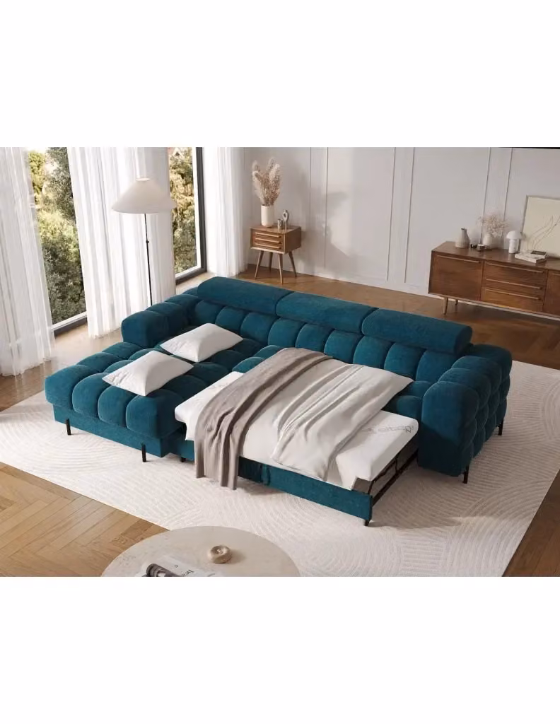 Divano angolare sinistro convertibile Meublorama in tessuto blu petrolio con funzione letto e poggiatesta regolabile L/P/H: 285 x 99 x 181 cm – 2