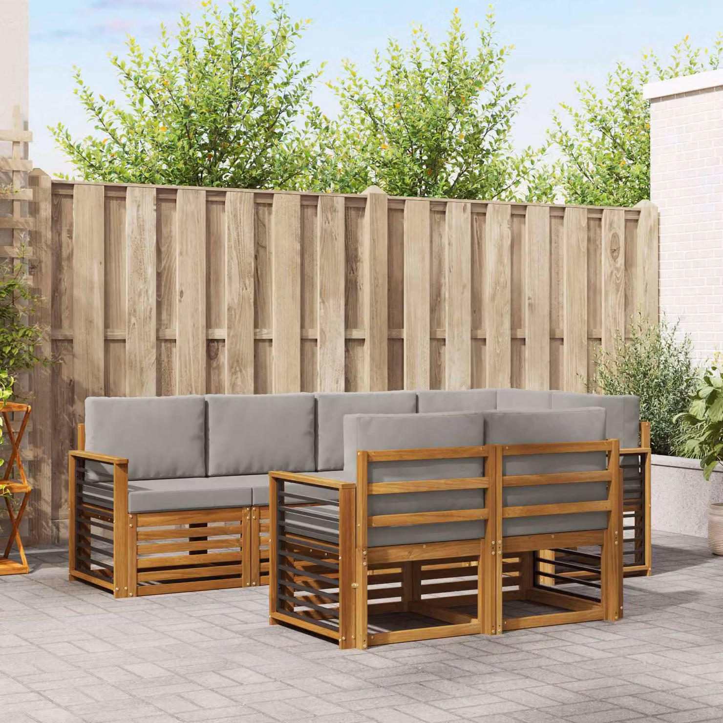 Set di divani da esterno vidaXL 7 pz in legno di acacia con cuscini beige e grigio chiaro