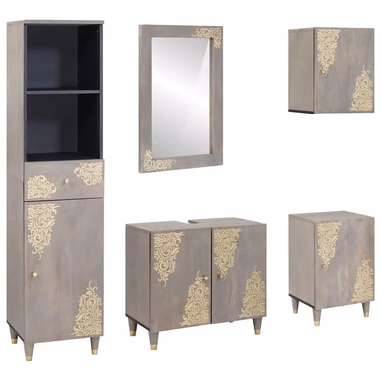 vidaXL Set di 5 mobili da bagno in legno di mango massello stile rustico, colore grigio e oro, L: 62 cm, P: 33 cm, H: 58 cm