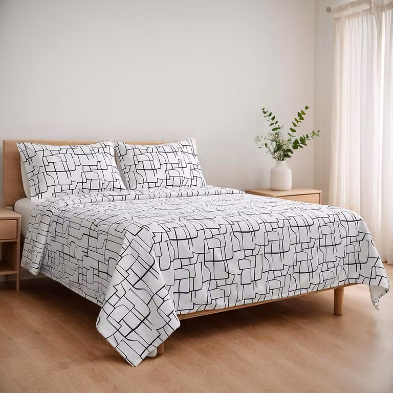 Set di lenzuola composto da 4 pezzi per letto da 135 cm, realizzato in microfibra morbida e traspirante, con 1 lenzuolo con angoli, 1 copripiumino e 2 federe - Motivo geometrico a linee