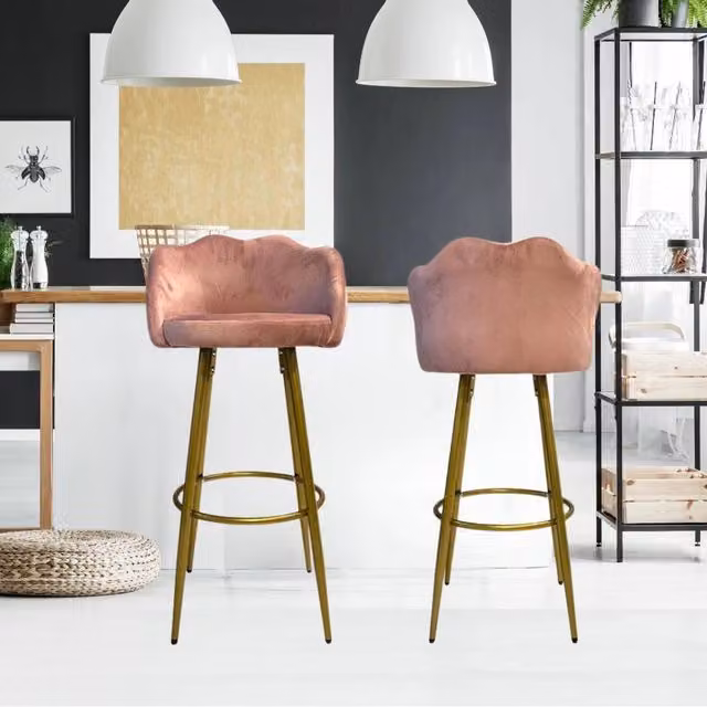 Sgabello a conchiglia Orel in velluto rosa con gambe in metallo dorato – 1