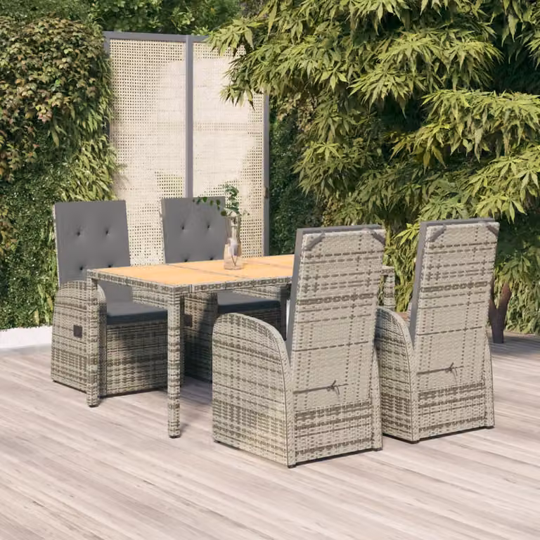 Set da pranzo da giardino vidaXL in polyrattan e legno di acacia con 5 pezzi e cuscini, colore grigio
