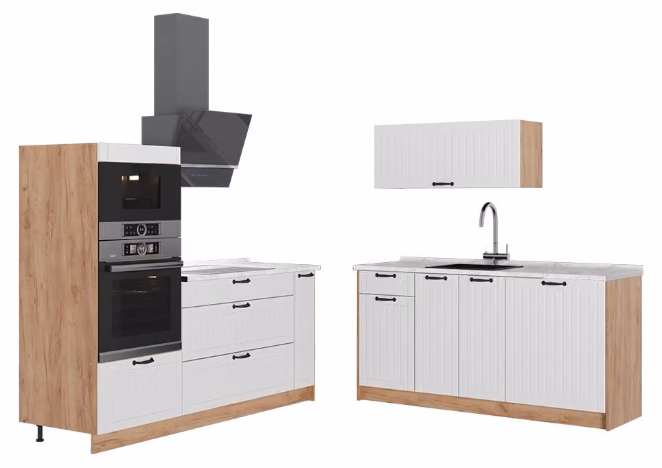 Cucina Vicco Fame-Line Bianco rustico/Rovere dorato 340 cm, PL Marmo, Model 63719