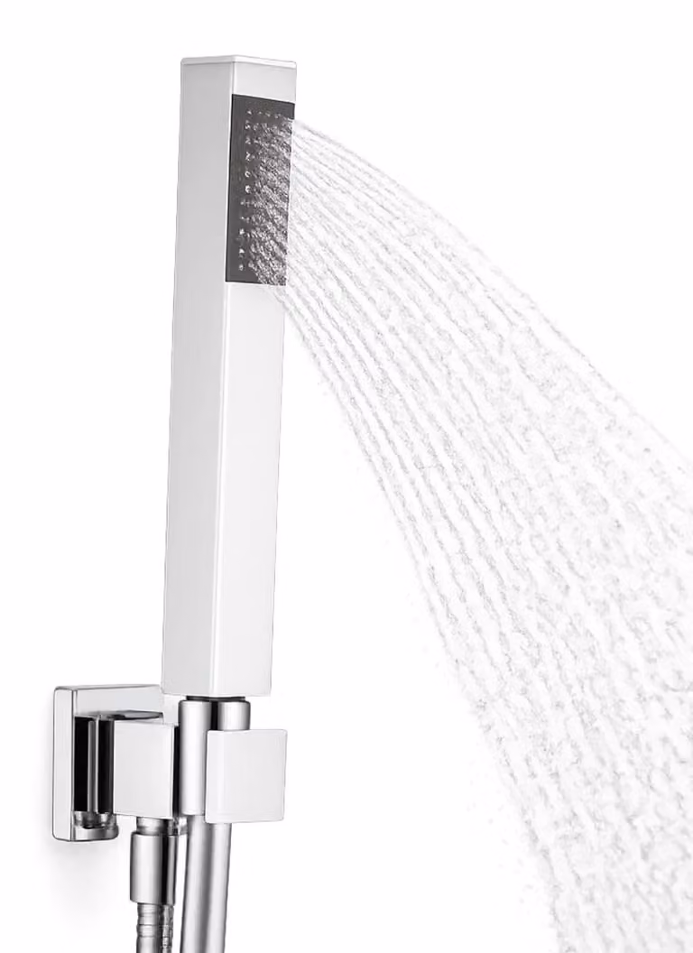 Set doccia, in ottone cromato, completo di supporto, tubo flessibile e soffione manuale