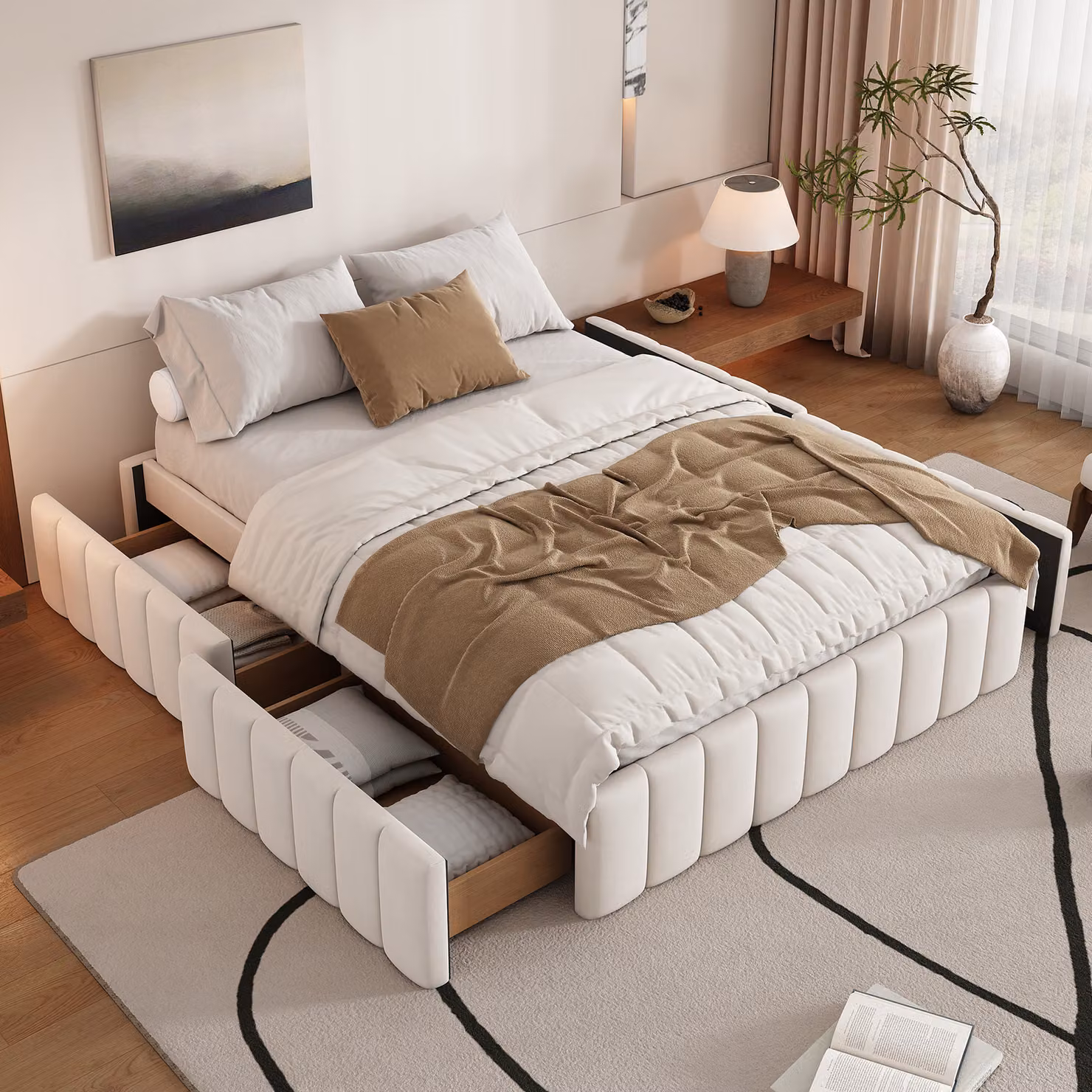 MODFU Letto imbottito Letto matrimoniale con rete Senza testiera, Letto piatto con 4 cassetti, Beige (senza materasso)