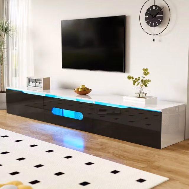 Mobile TV 180x35x30 cm; LED a 16 colori; montaggio a terra o a parete; MDF e truciolato; nero e bianco