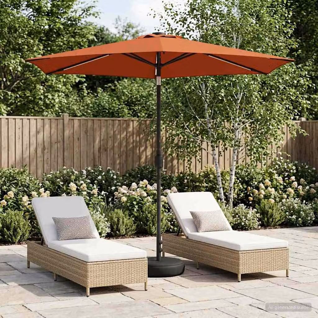 Parasol da giardino con luci LED e base vidaXL in poliestere, colore terracotta, L: 269 cm x P: 269 cm x H: 235 cm