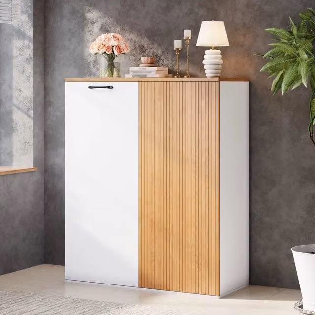 Mobile archivio 80x40x110 cm in MDF bianco e rovere con frontale a lamelle