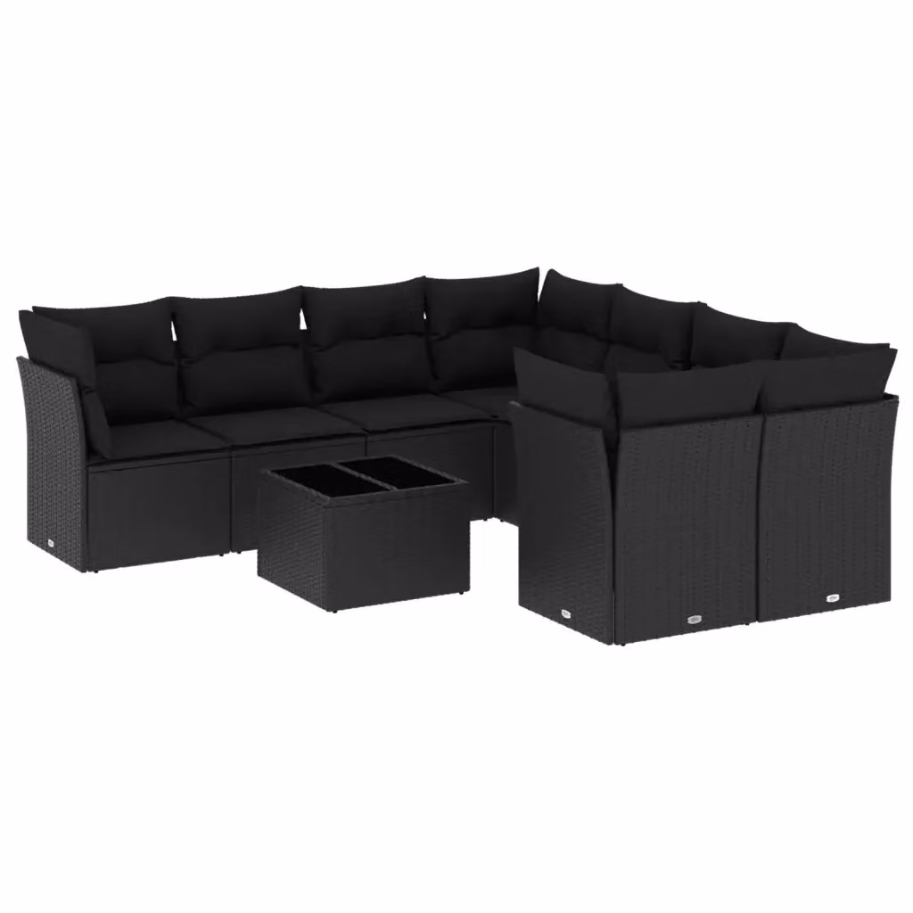 Set Divani da Giardino vidaXL 9 Pezzi a Forma di L con Tavolino in Vetro e Cuscini Neri in Polyrattan e Acciaio – 2