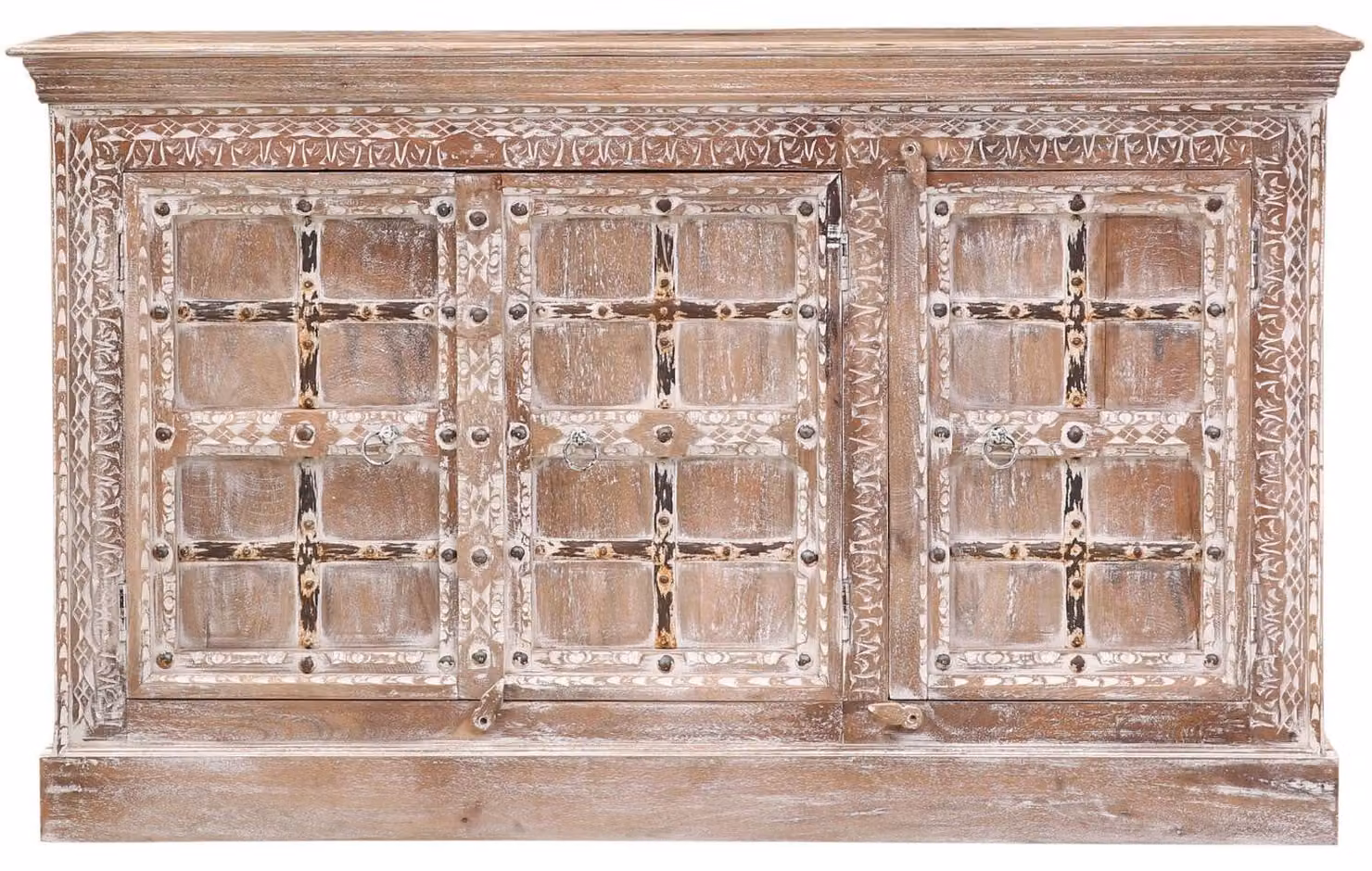 Credenza Marrakesh Boho con ante in legno massiccio alta 150 cm come mobile da salotto | cassettiera decorativa vintage Hira intagliata a mano per riporre oggetti di stile in sala da pranzo e camera da letto