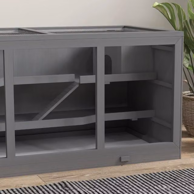 Scaffale OKWISH in legno e metallo per piccoli animali a più livelli con rete e tetto apribile, grigio, L: 115 cm, P: 57 cm, H: 55 cm – 1