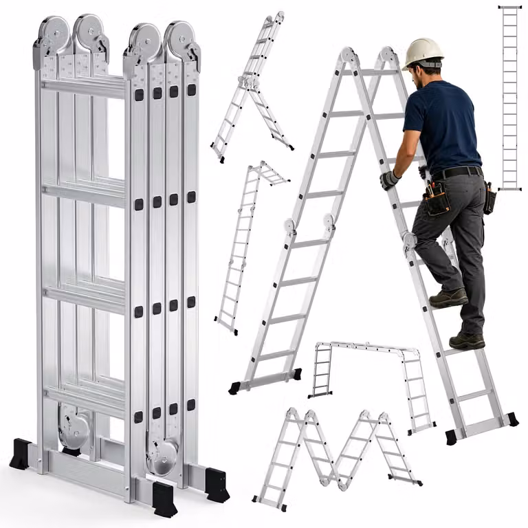 Ikodm Scala multifunzione 7in1, con 4 gradini, altezza circa 470 cm / 4,7 metri, scala a sbarra pieghevole in alluminio, utilizzabile come scala a appoggio e scala a cavalletto, portata massima 150 kg