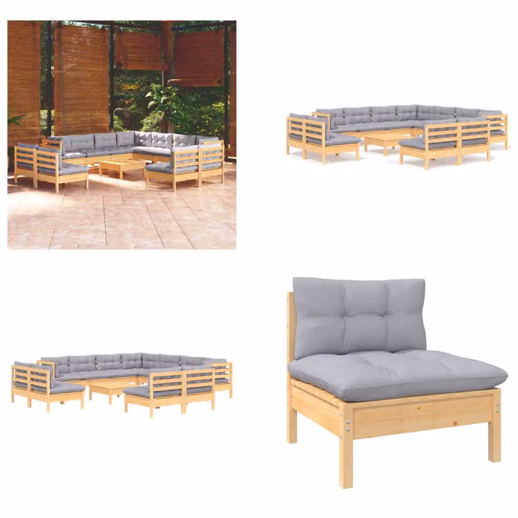 vidaXL Set salotto da giardino 12 pezzi con cuscini grigi in pino massiccio - Set salotto da giardino - Set salotto da giardino - Set arredo giardino - Set arredo giardino