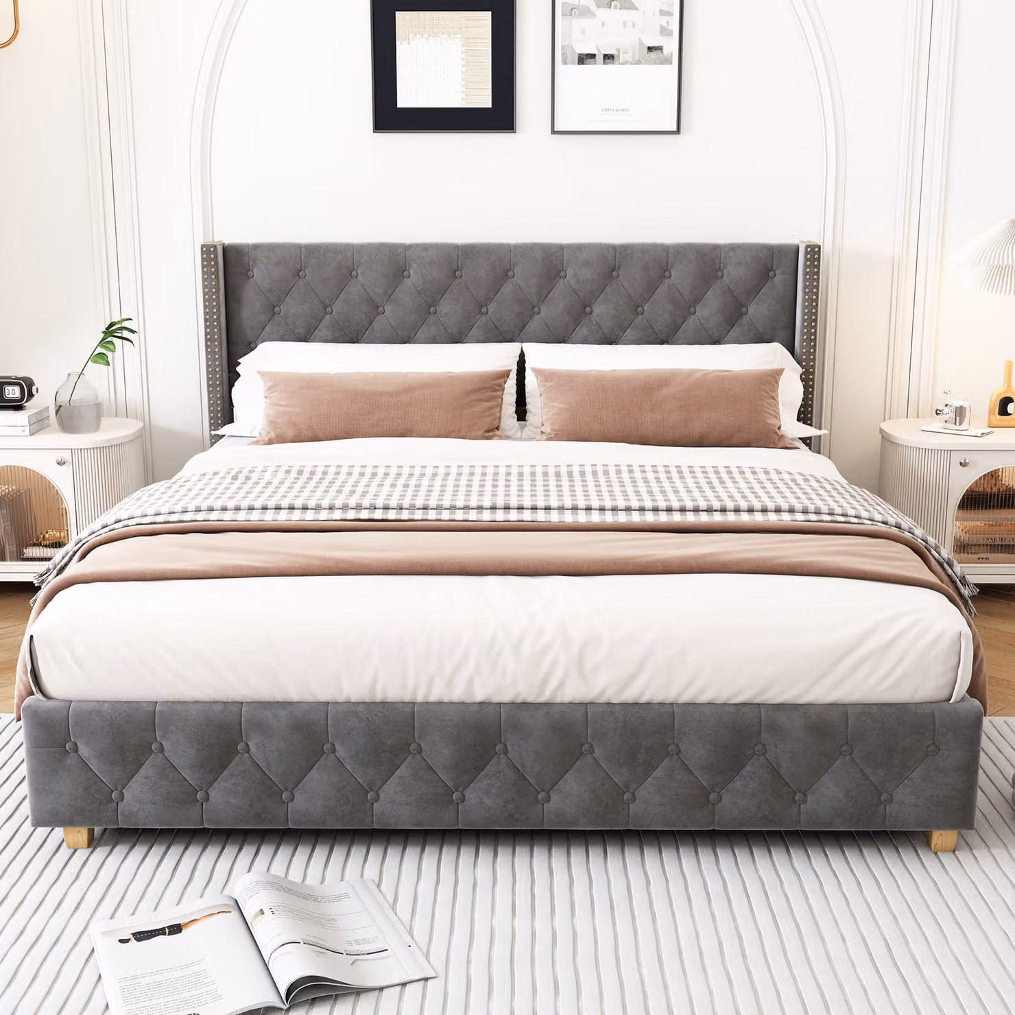 Letto imbottito Flieks 180x200cm letto per ragazzi con rete a doghe, letto matrimoniale letti classici letto per bambini letto in legno massiccio, velluto, grigio