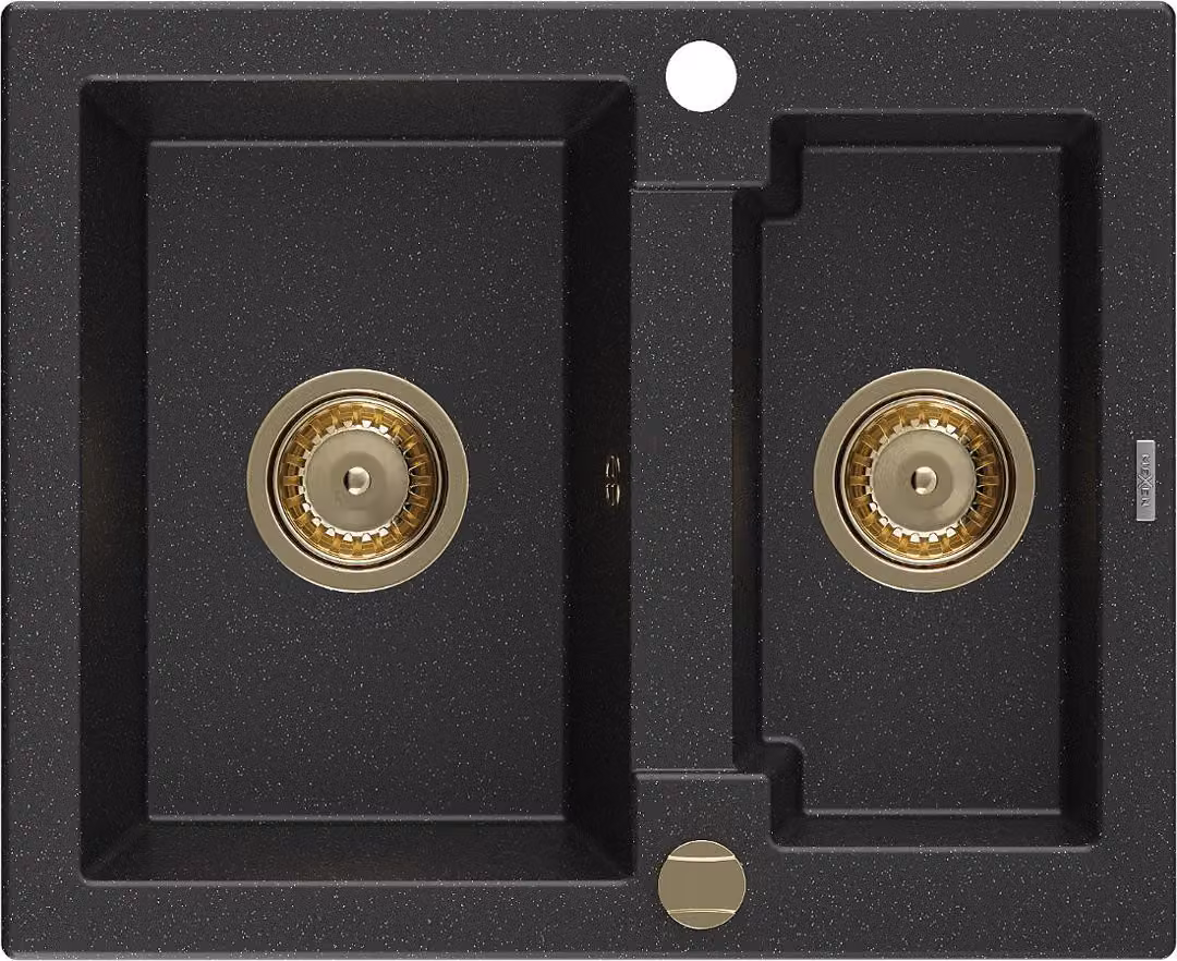 Mexen Carlos lavello in granito 1,5 vasche 582 x 475 mm, nero/argento metallizzato, sifone dorato - 6518581500-73-G