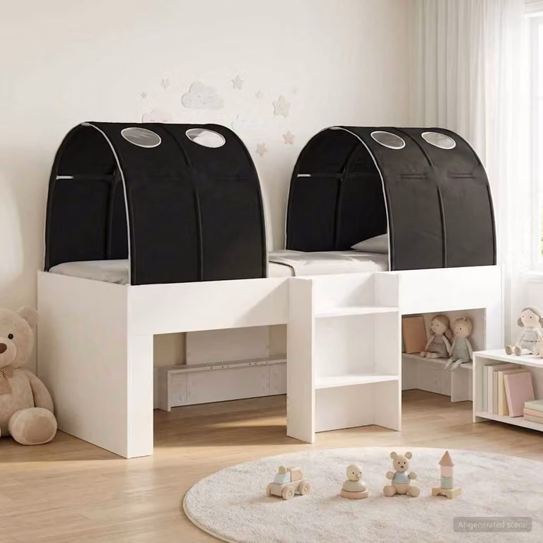 vidaXL Letto Alto per Bambini con Tunnel e Compartimenti Laterali, Bianco e Nero, L/P/H: 203 x 120 x 111 cm
