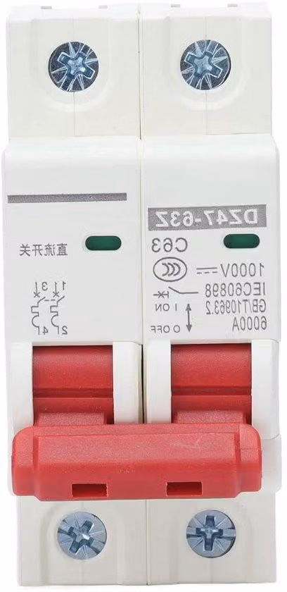 Interruttore di sezionamento fotovoltaico 2P 63A 1000V, progettato per impianti fotovoltaici con elevate prestazioni di isolamento, montabile su guida DIN, ideale per impianti solari.