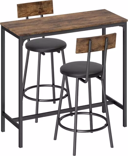 Set Tavolo da Bar Salvaspazio 100x40x90,5 cm in MDF e 2 Sgabelli in Finta Pelle Marrone Rustico