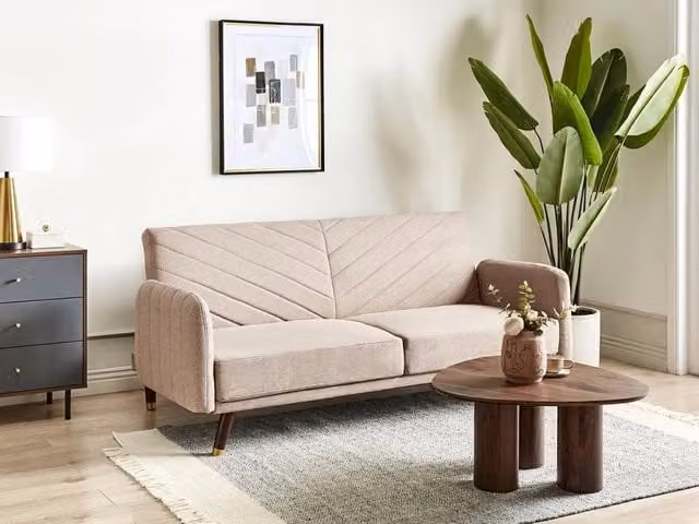 Divano letto click clack Beliani moderno a 3 posti in tessuto beige e marrone con poggiatesta regolabile e gambe in legno di gomma per il tuo soggiorno – 1
