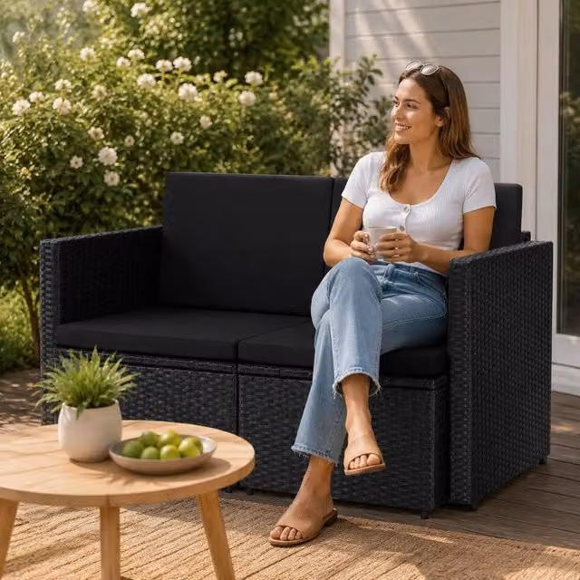 2-seater Garden Sofa With Cushions Black Poly Rattan
