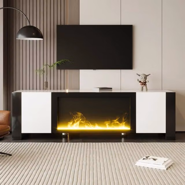Mobile TV 165x32x55 cm bianco e nero con camino elettrico decorativo