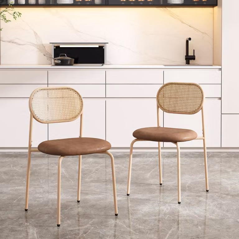 Set di 2 sedie da pranzo - Moderne sedie lounge marroni con dettagli in rattan e quattro gambe in metallo