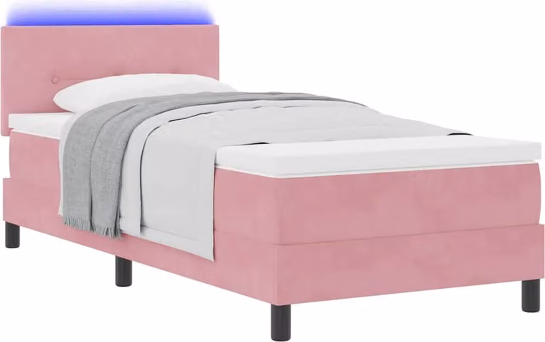 Letto contenitore con rete a molle e illuminazione a LED, colore rosa, dimensioni 90 x 200 cm, rivestito in velluto