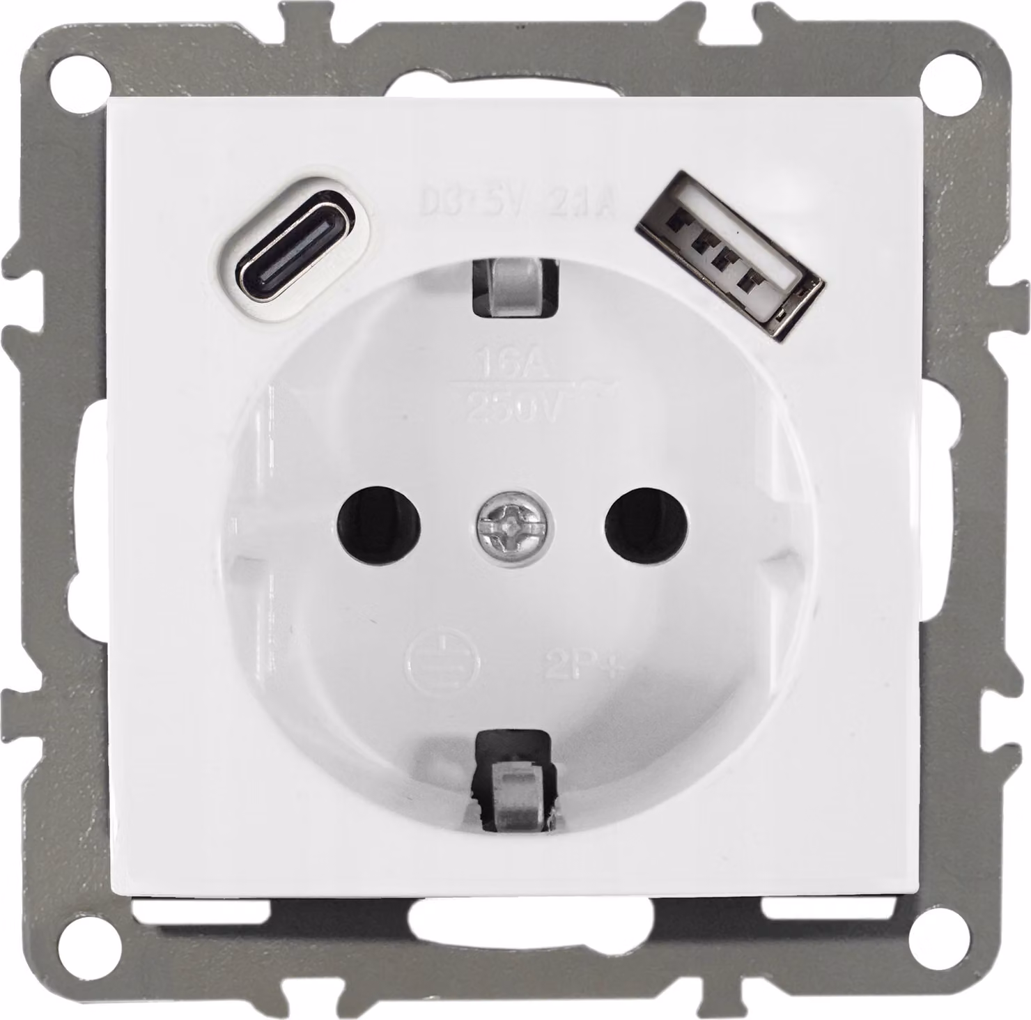 Prese di corrente Schuko 230V con USB-C + USB-A, serie QUADRA, colore bianco