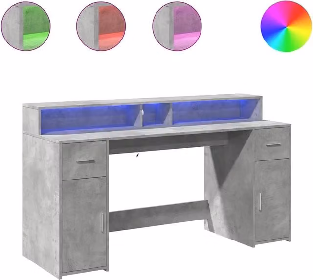 Scrivania | Tavolo da Ufficio con Luci LED Grigio Cemento 160x55x91 cm Multistrato