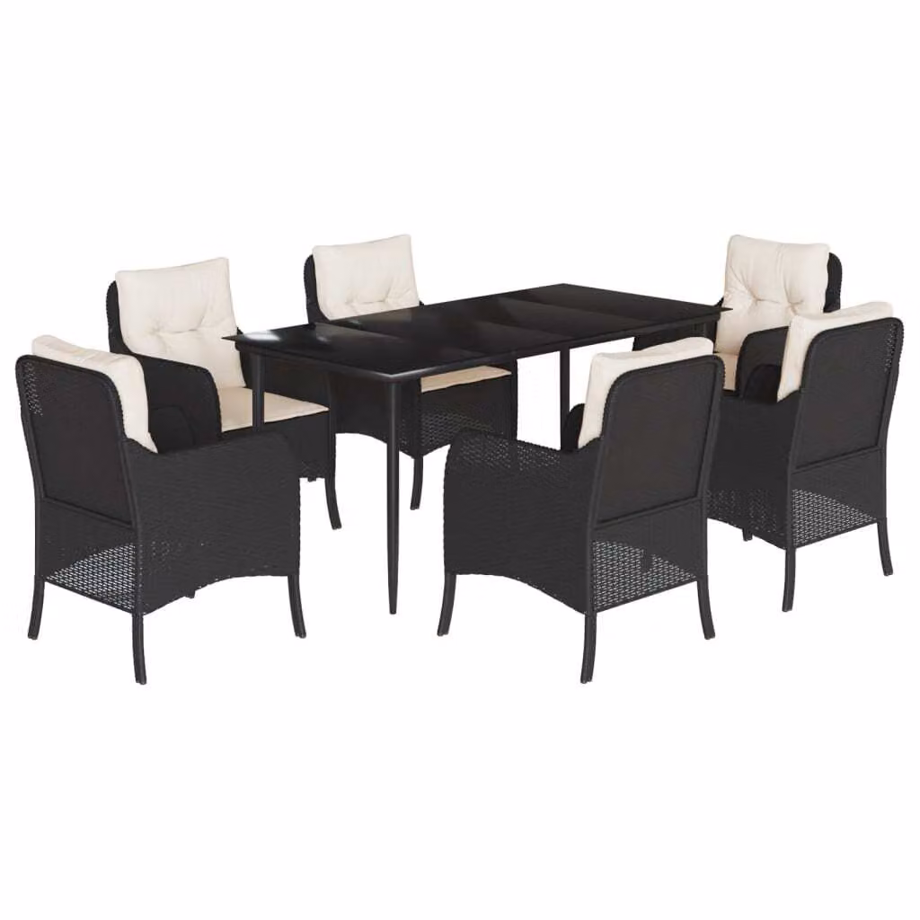 Set da Pranzo da Giardino 7 pz Nero con Cuscini in Polyrattan